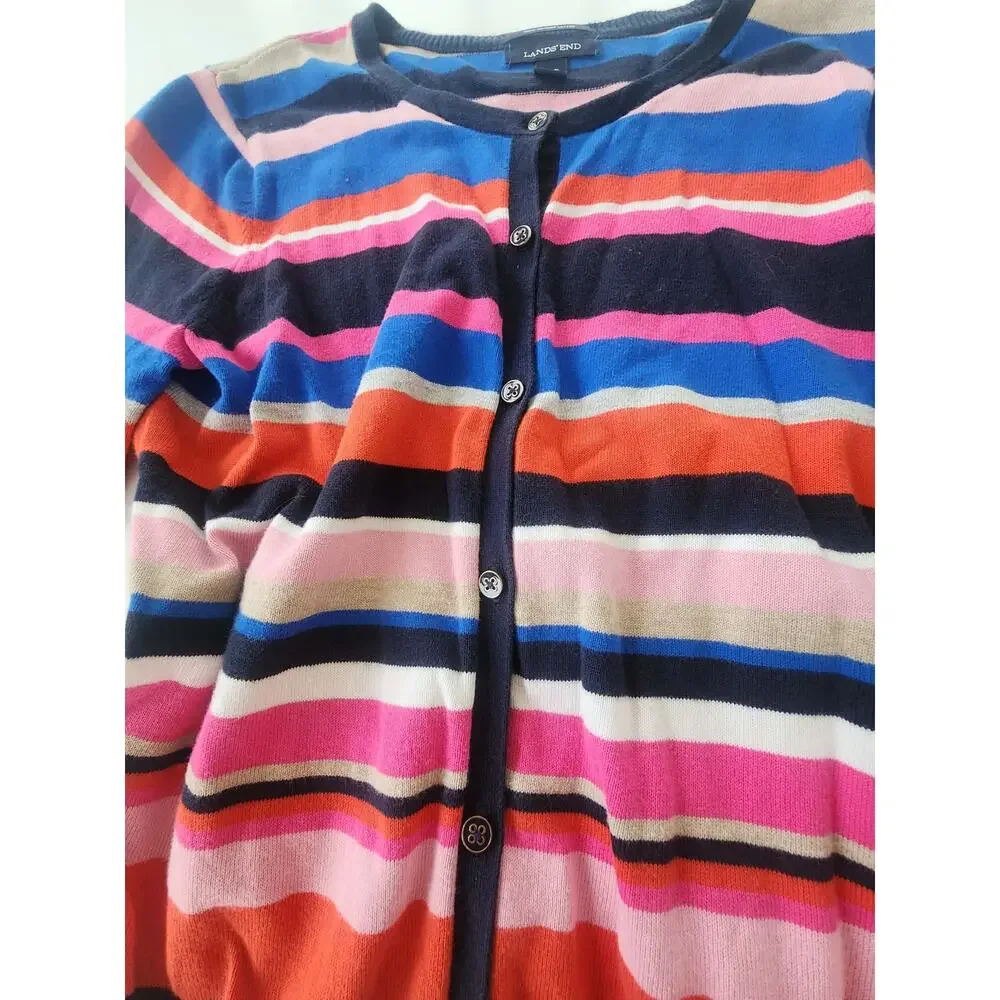 Lands' End 100% Cotton Cardigan, Multi Stripe, S/P - Spring Ready